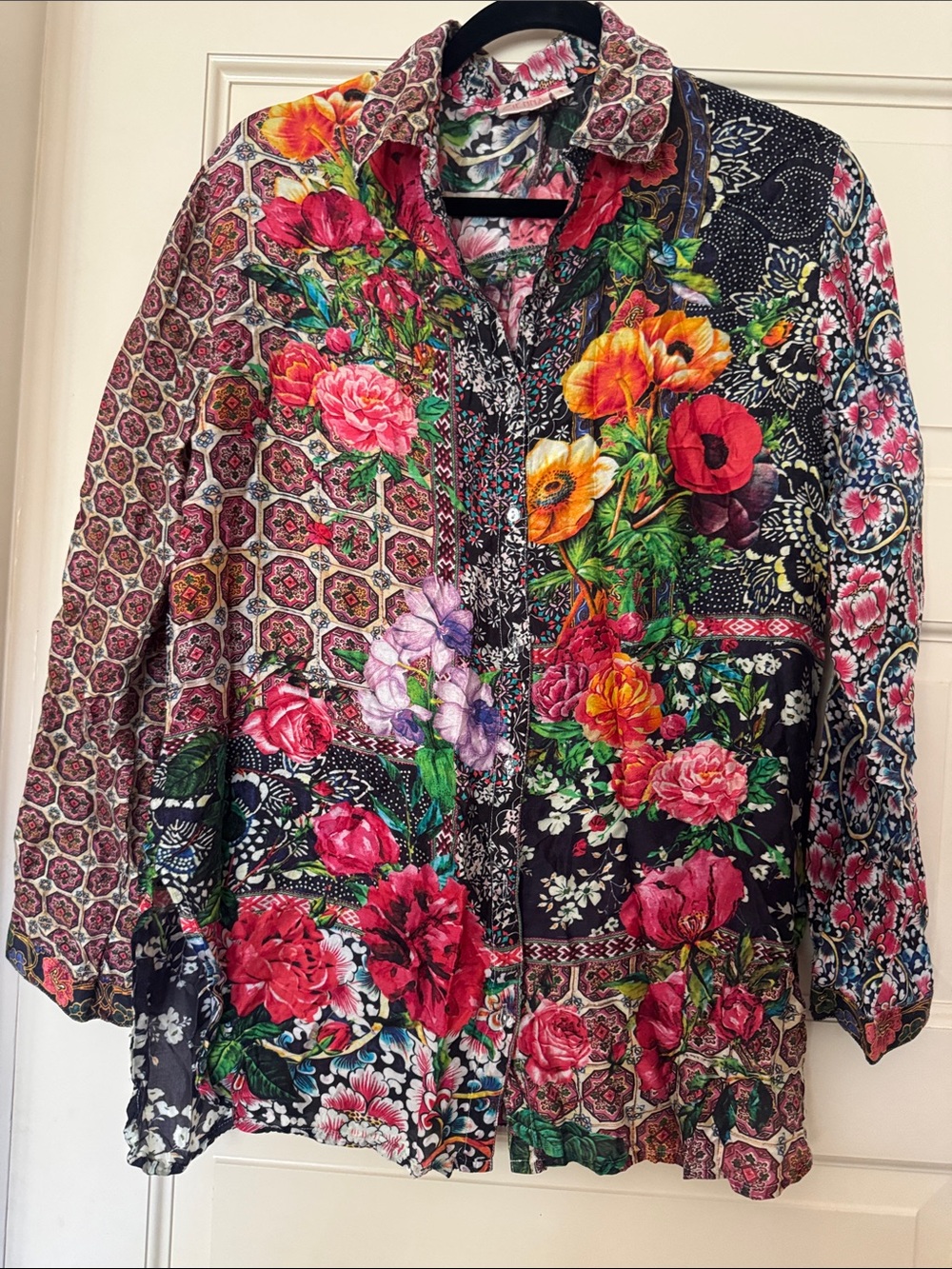 Mixed Floral Patchwork Button-Down Shirt Jacket - Multicolor
